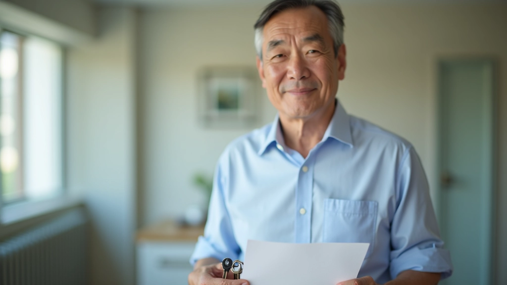 Landlord holding apartment keys and rental agreement, professional office setting, bright lighting