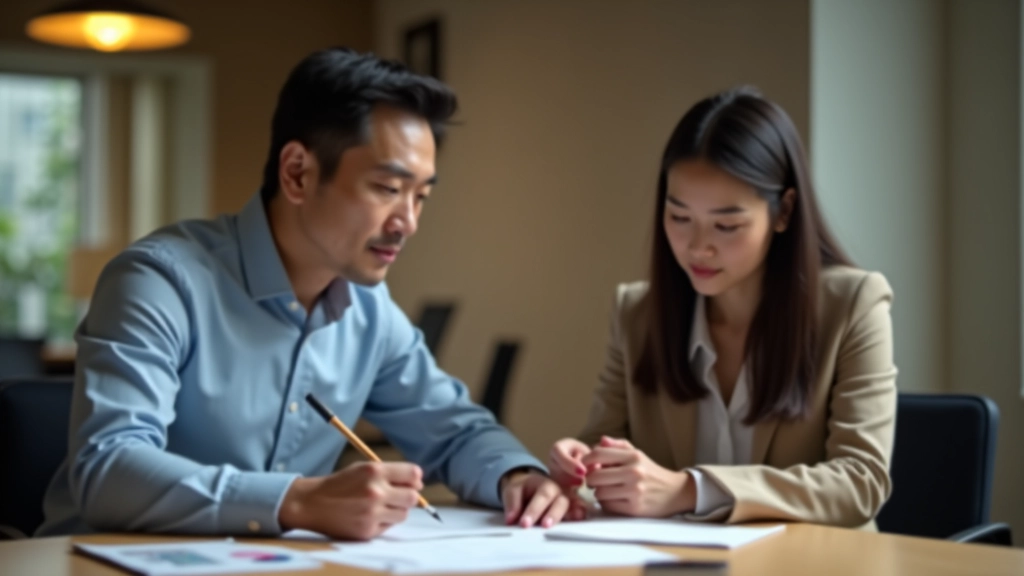 Landlord and tenant reviewing documents together in a professional setting with clipboard