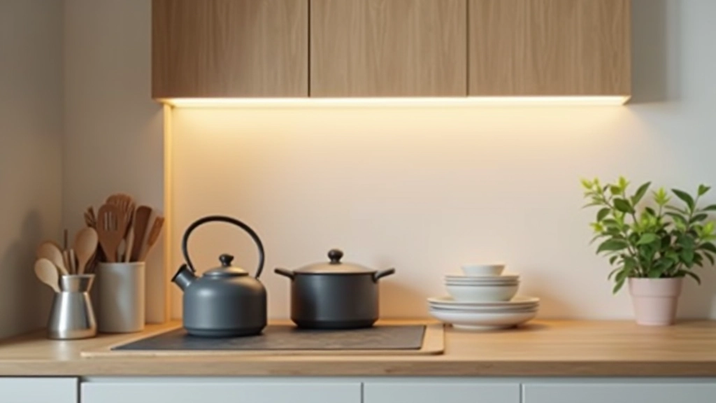 Organized kitchen counter with basic cookware, pots, pans, and utensils arranged neatly