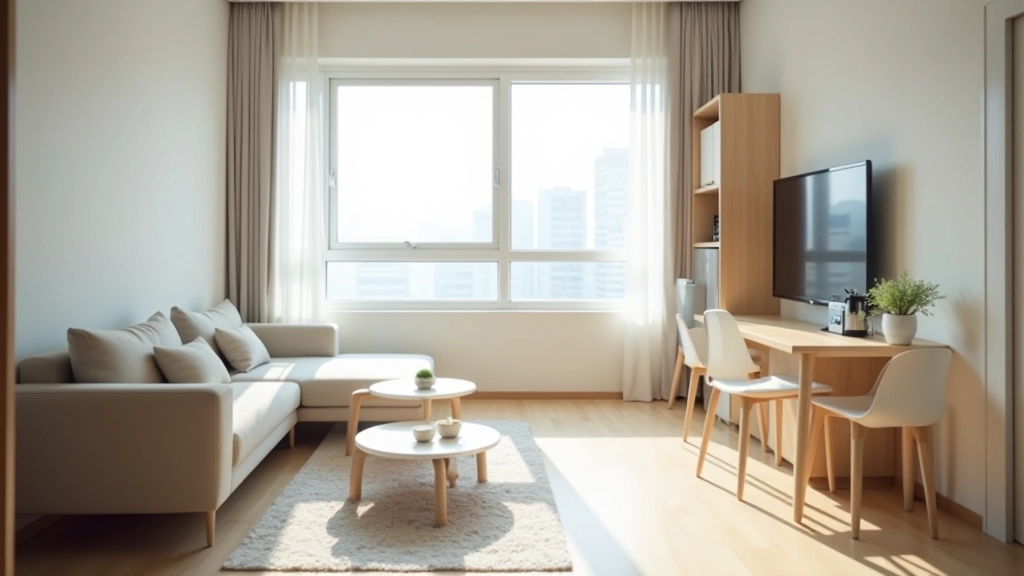 Modern studio apartment with natural light, minimalist furniture setup, showing living area and kitchenette