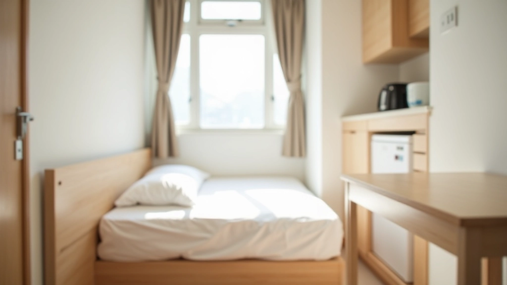 Small studio apartment with single bed made neatly, basic table with two chairs, and minimal kitchen setup