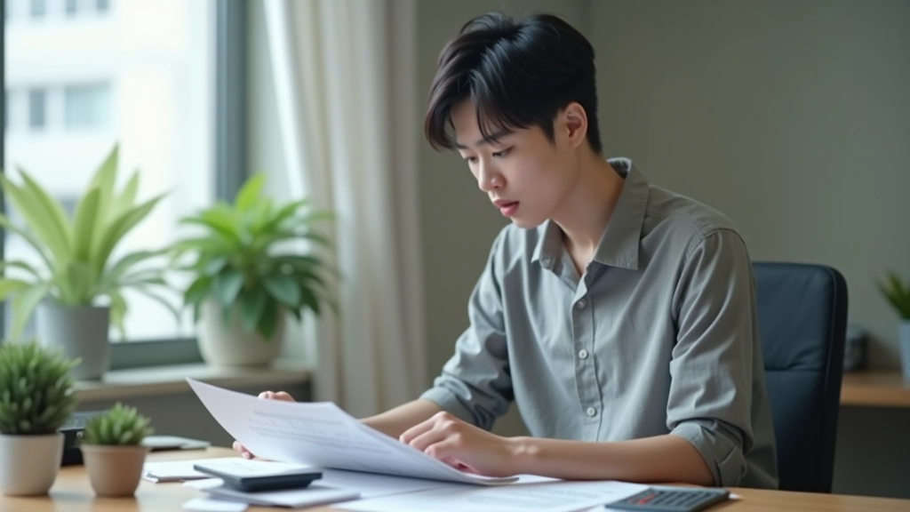 Young adult at desk reviewing budget spreadsheet with calculator and financial documents